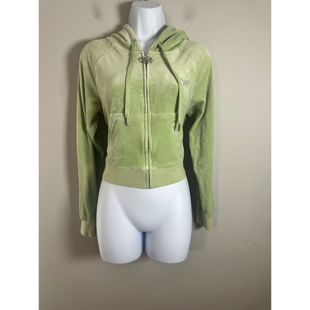 Juicy Couture Velour Zip Up Hoodie Sage Green Butterfly Rhinestone Medium